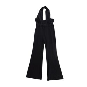 Sexy Black Halter Jumpsuit L  Deep V-Neck Flare Leg Open‎ Back Small Disco Glam
